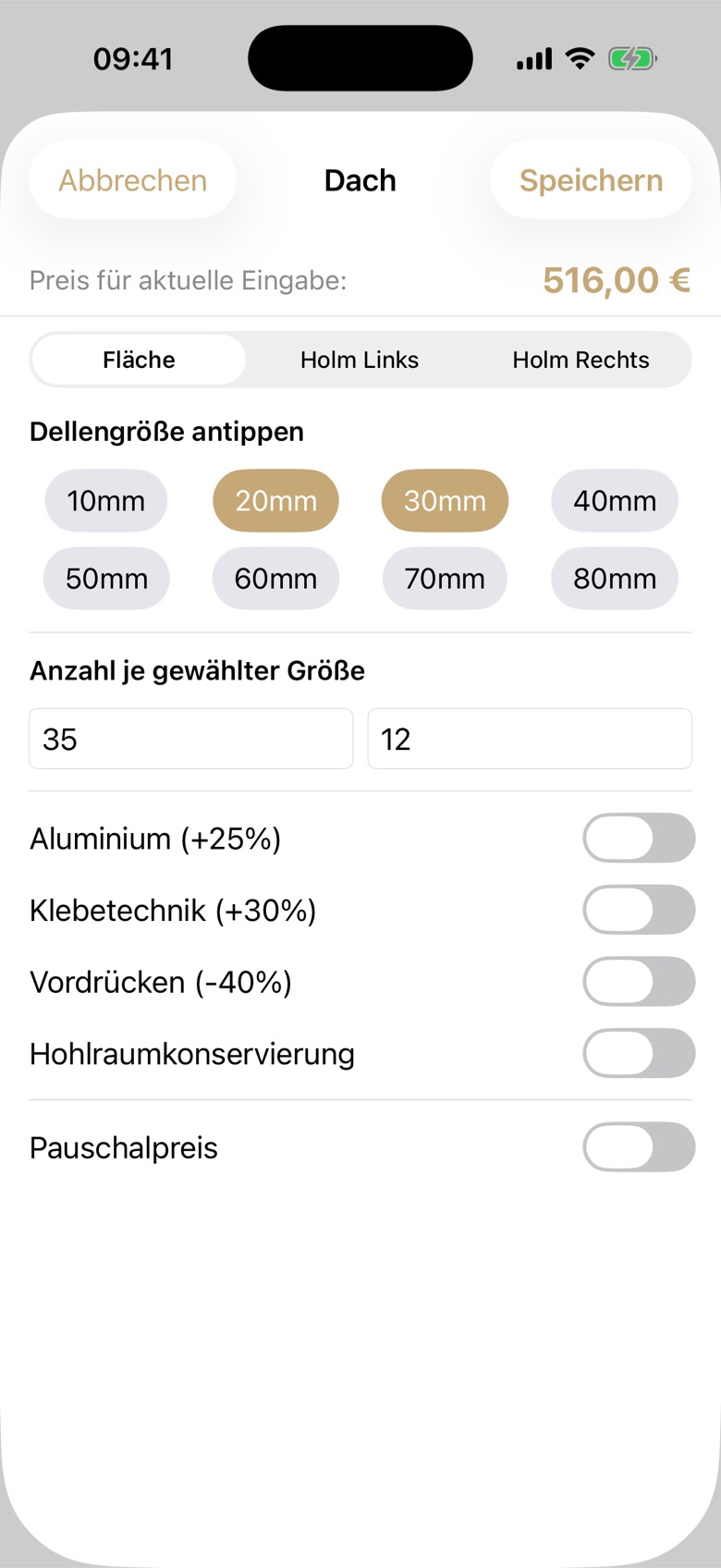 Eingabe der Dellen am Dach mit Live-Preis