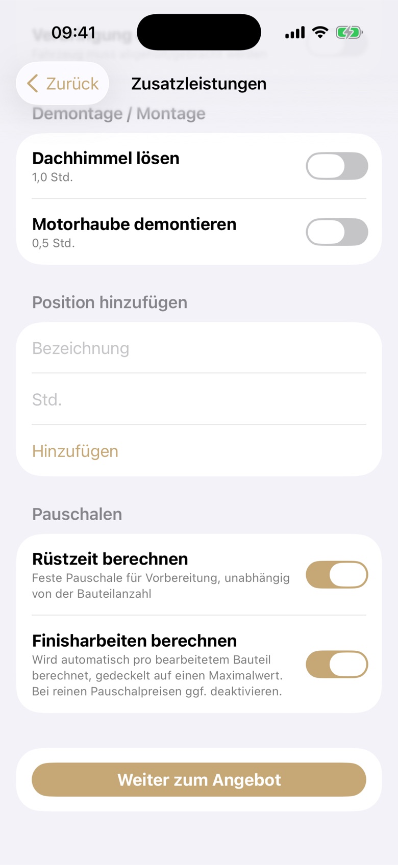 Zusatzleistungen wie Demontage, Rüstzeit und Finisharbeiten